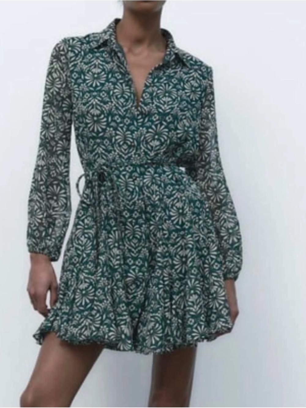 Zara Green Floral Mini Shirt Dress